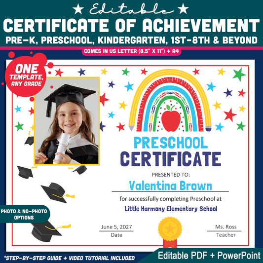 Certificate of Achievement, Printable Rainbow School Awards, Photo and No-Photo Options, PDF and PowerPoint Templates