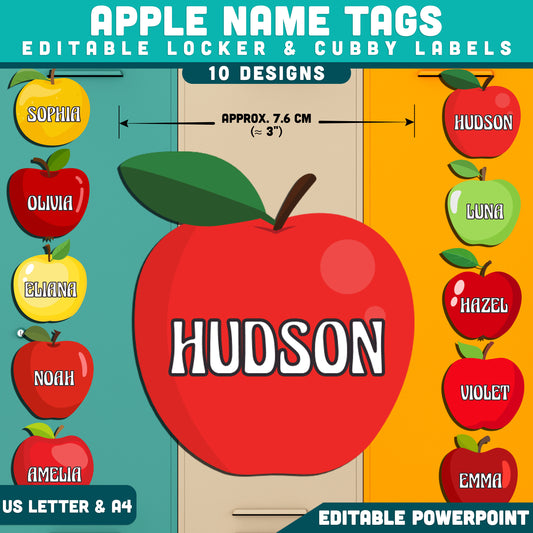 Apple Name Tags, Editable Locker & Cubby Labels, Back to School Classroom Decor, PowerPoint Template, 10 Designs, Student Spaces, US Letter, A4