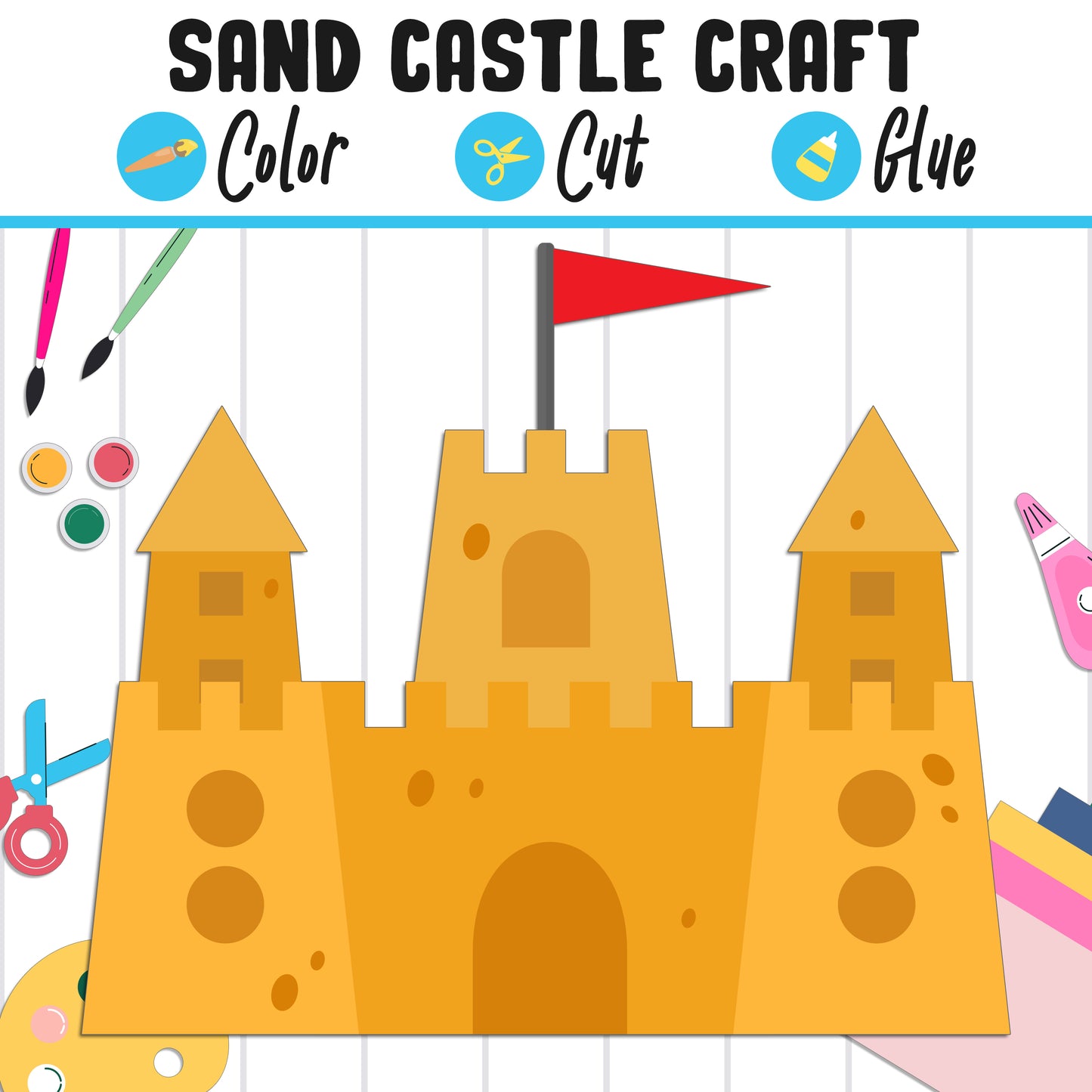 Sandcastle Shapes, Build a Sandcastle: Summer Craft Activity for Kids - Color, Cut, and Glue Fun for Pre K to 2nd Grade, Instant Download