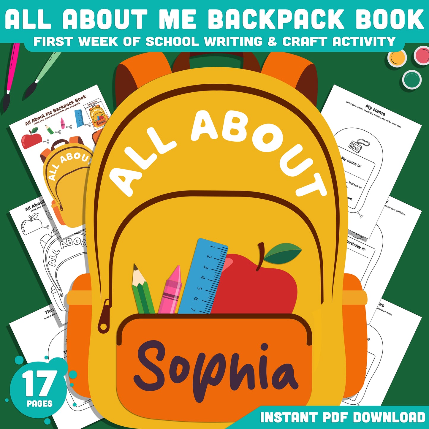 All About Me Backpack Book Craft, Back to School Worksheet, Writing & Craft Activity, 17 Page Student Printable, PDF Download