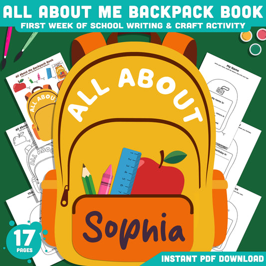 All About Me Backpack Book Craft, Back to School Worksheet, Writing & Craft Activity, 17 Page Student Printable, PDF Download