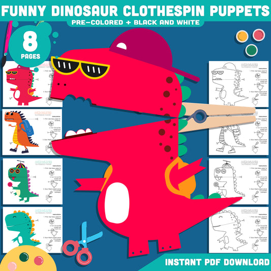 Dinosaur Clothespin Puppets, Funny Dino Puppet Craft for Kids, Color Cut and Create Activity, Printable Dinosaur Set