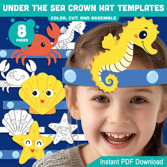 Under the Sea Crown Templates – 8 Fun Printable Headbands in Pre-Colored + Black & White for Preschool and Kids’ Ocean Crafts, PDF Download