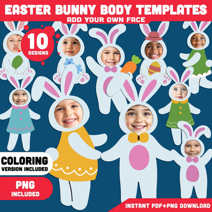 Easter Bunny Photo Insert Body Templates – Add Your Face Craft Activity, Coloring Version Included, Printable PDF + PNG, Bulletin Board Craft