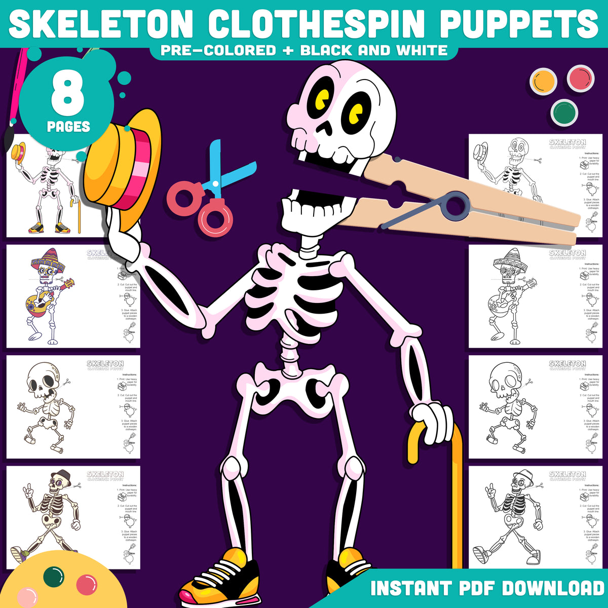 Halloween Skeleton Clothespin Puppets, Printable Craft for Kids