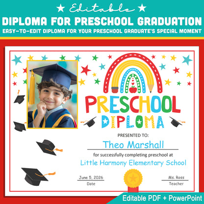 Preschool Diploma with Photo Graduation Certificate Template: Editable Letter Size PDF + PowerPoint for Easy Customization, Instant Download Available!