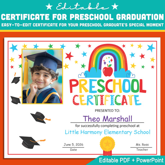 Customizable Preschool Certificate with Photo Template: Graduation and End of Year, Letter Size PDF + PowerPoint, Instant Download