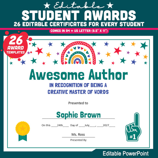 Personalized Student Awards, Printable Student Superlatives, 26 Editable Classroom Recognition Templates, PowerPoint Set