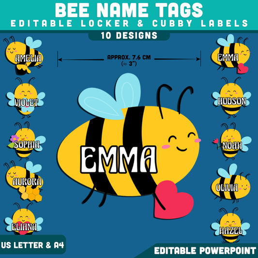 Bee Name Tags, Editable Locker & Cubby Labels, Printable Classroom Organization, Editable PowerPoint, 10 Bright Designs, US Letter, A4