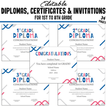 Graduation Diploma for First Graders, 1st-8th Grade Certificates, and Invitation Templates in a Modern Blue Theme, PDF Instant Download.