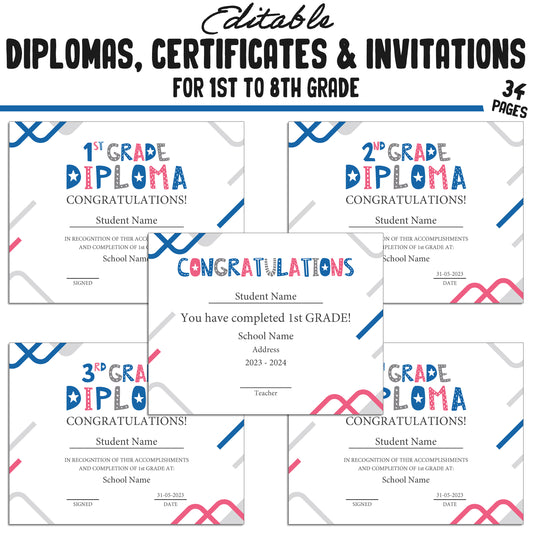 Graduation Diploma for First Graders, 1st-8th Grade Certificates, and Invitation Templates in a Modern Blue Theme, PDF Instant Download.