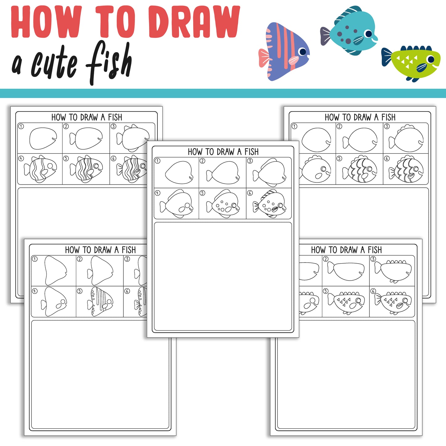 How To Draw a Cute Fish, Directed Drawing Step by Step Tutorial, Includes 5 Coloring Pages, PDF File, Instant Download