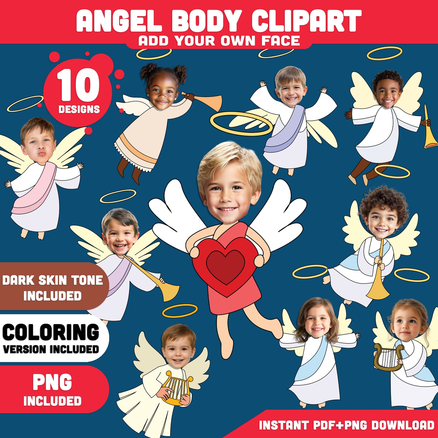 Angel Body Clipart – Add Your Own Face Craft for Kids, Coloring Version Included, Printable Angel Photo Templates, PDF & PNG