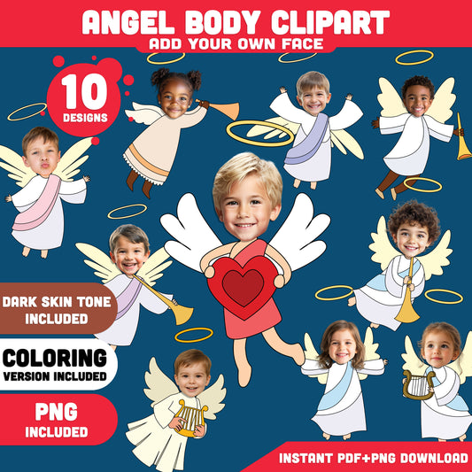 Angel Body Clipart – Add Your Own Face Craft for Kids, Coloring Version Included, Printable Angel Photo Templates, PDF & PNG