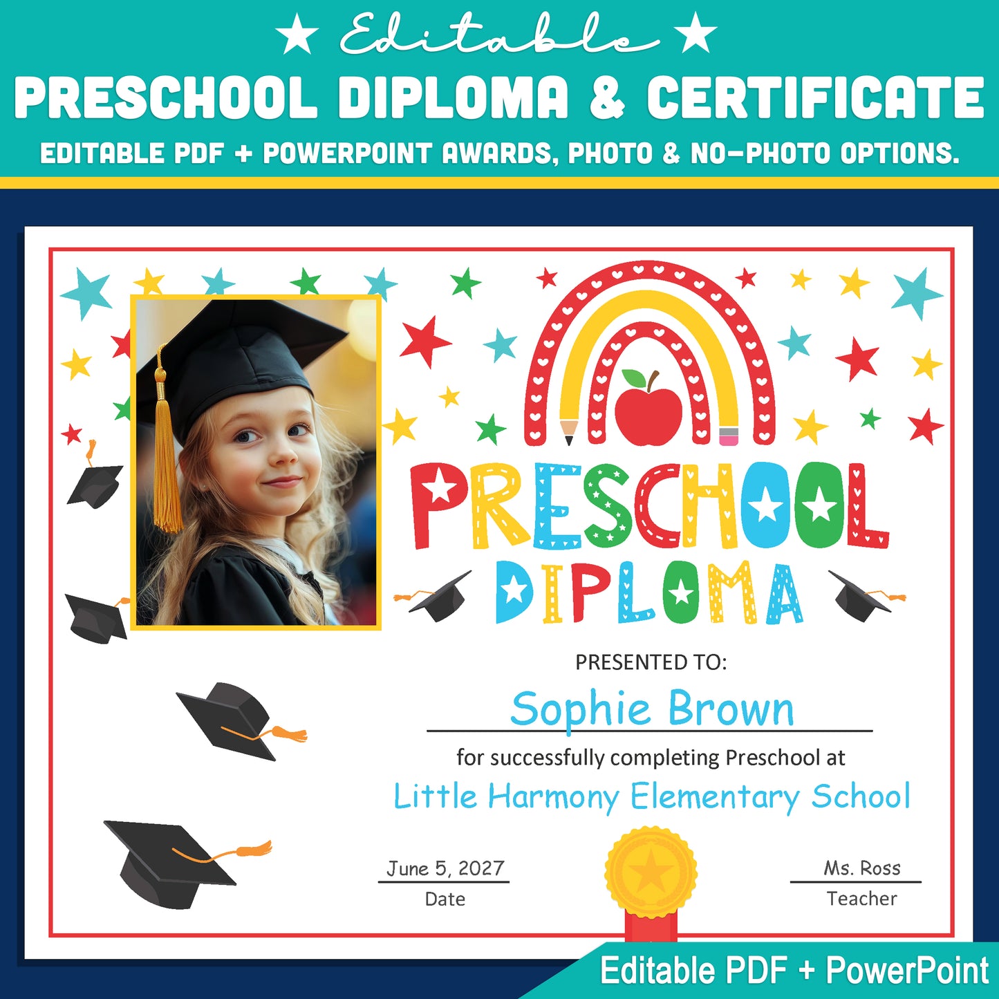 Editable Preschool Graduation Diploma & Certificate Set, Printable Awards with Student Photo Option, Rainbow Stars Theme, Edit in PDF, PowerPoint, Canva