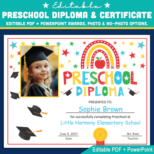 Editable Preschool Graduation Diploma & Certificate Set, Printable Awards with Student Photo Option, Rainbow Stars Theme, Edit in PDF, PowerPoint, Canva