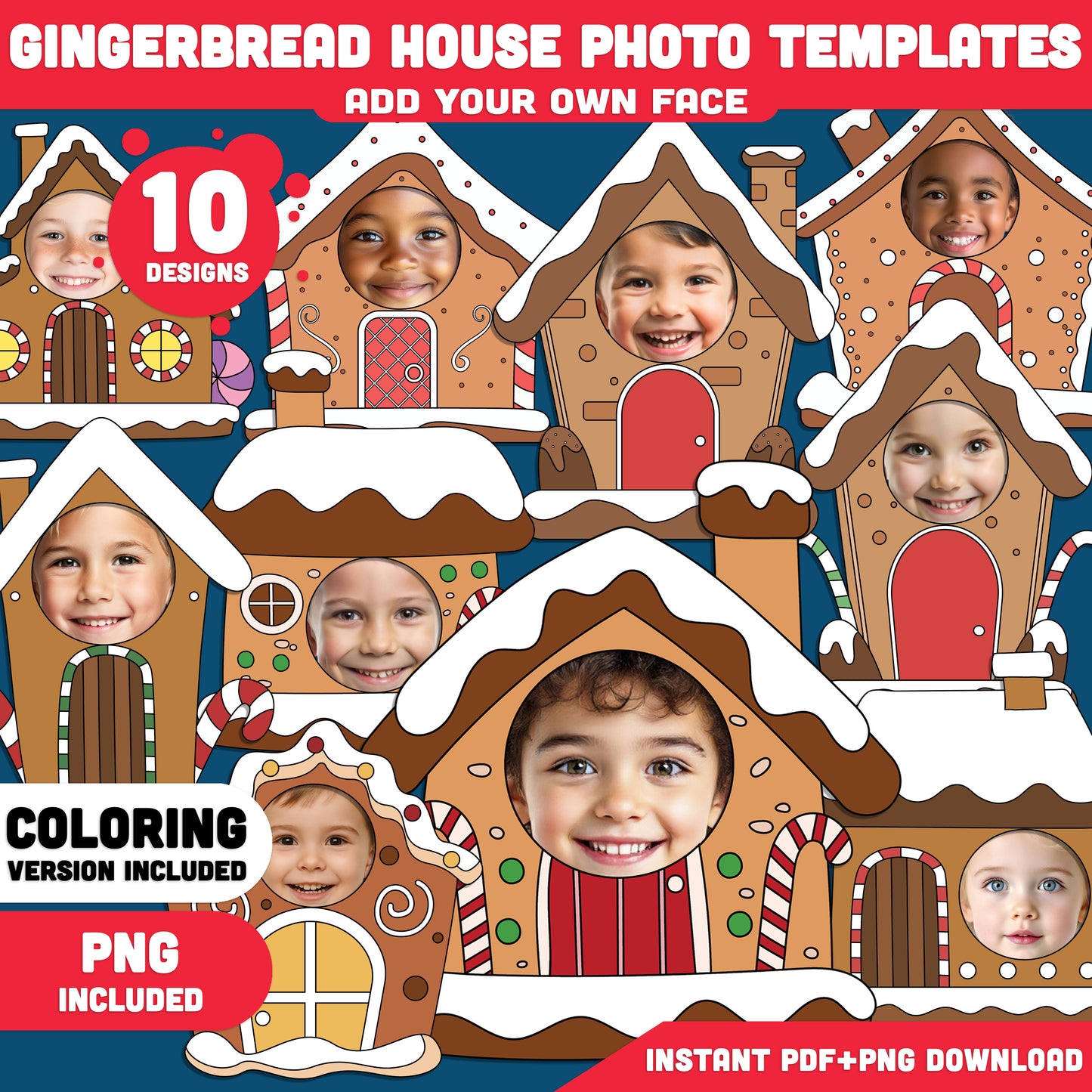 Add Your Face Gingerbread House, Winter Add-Your-Face Templates, Holiday Body Craft with Coloring Version Included, High-res PDF + PNG Files, 10 Printable Designs