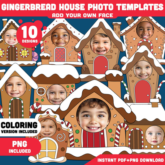 Add Your Face Gingerbread House, Winter Add-Your-Face Templates, Holiday Body Craft with Coloring Version Included, High-res PDF + PNG Files, 10 Printable Designs