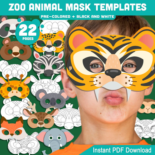 Zoo & Jungle Animal Mask Templates: 22 Fun Printable Masks for Kids, Pre-Colored + Black & White, Great for Parties & Pretend Play, Instant PDF Download