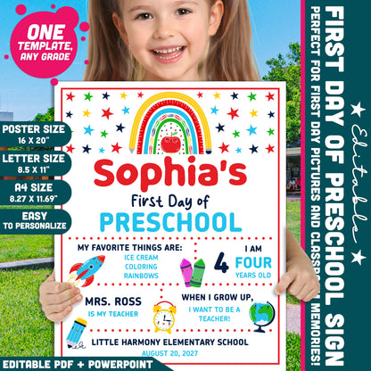 Editable First & Last Day of Preschool Sign, Printable Back to School Picture Board, PDF and PowerPoint, 16x20" Poster