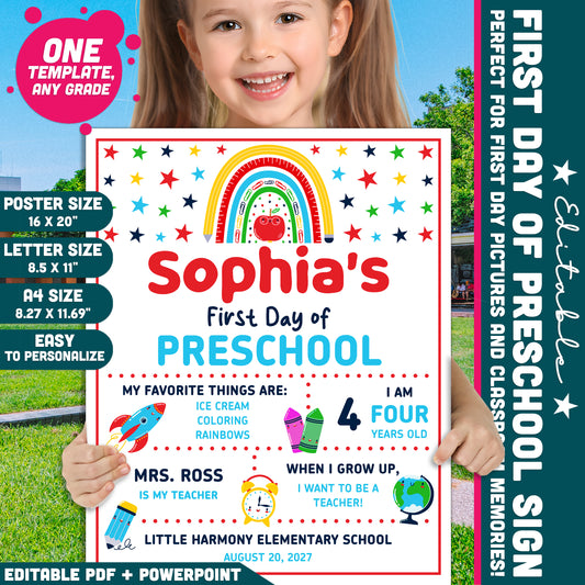 Editable First & Last Day of Preschool Sign, Printable Back to School Picture Board, PDF and PowerPoint, 16x20" Poster