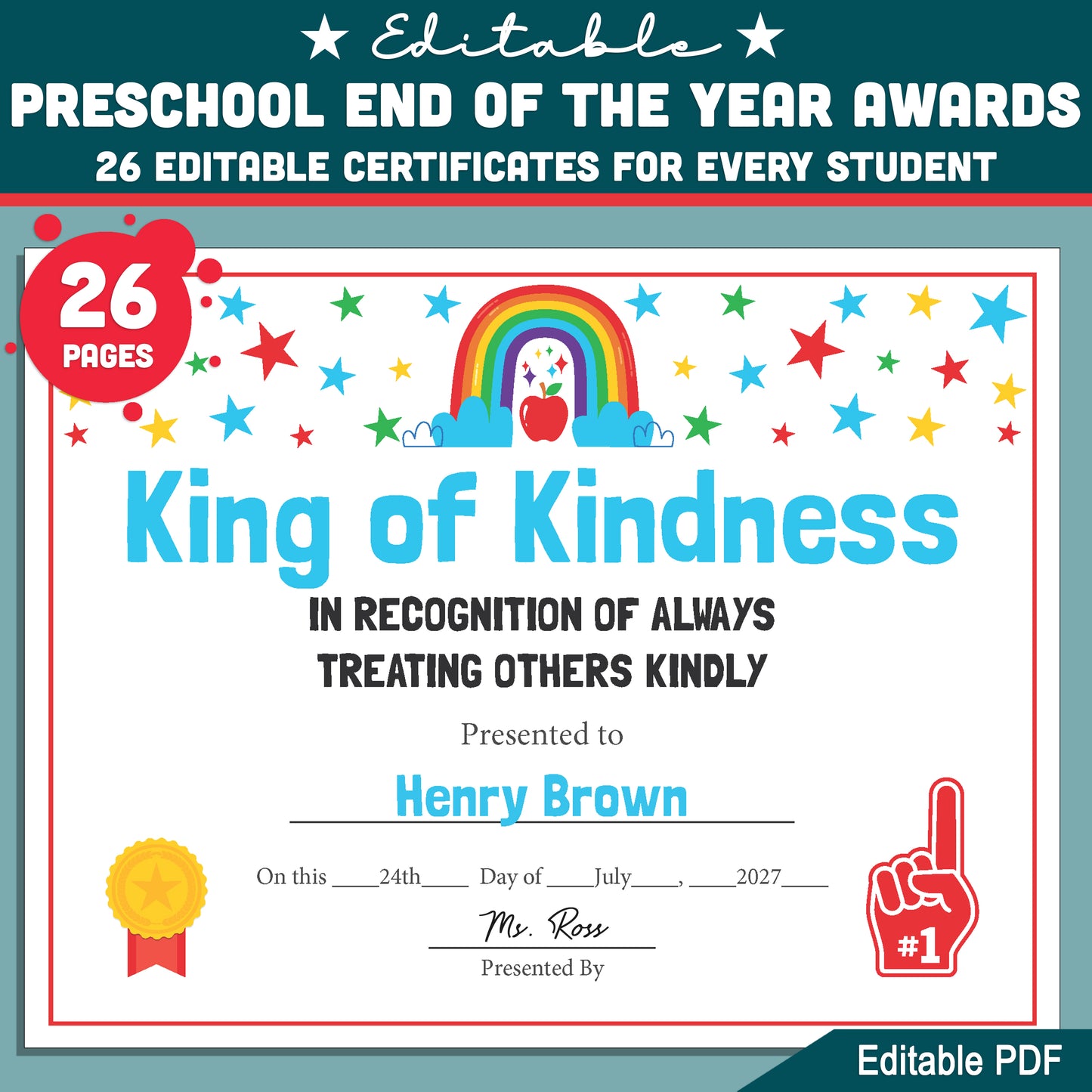 Preschool End of the Year Awards, Editable Recognition Certificates, 26 Printable Student Honors, Low Prep Classroom Celebration Materials