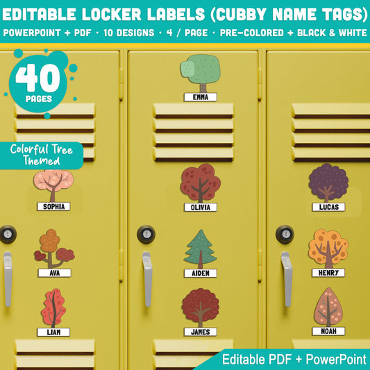 Editable Locker Labels, Colorful Tree Themed Cubby Name Tags, 40 Pages, 10 Designs, PDF + PowerPoint, Pre-Colored + Black & White, Instant Download