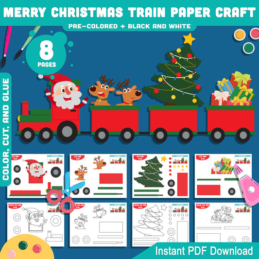 Printable Merry Christmas Train Craft for Kids – Festive Color, Cut and Glue Paper Activity for School or Home, Fine Motor Holiday Project, PDF Instant Download