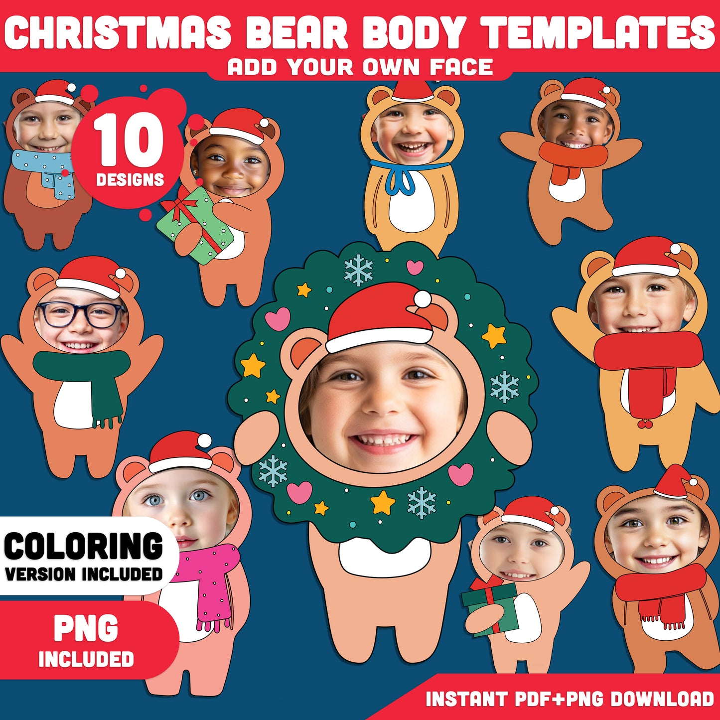 Christmas Bear Body Templates, Add Your Own Face Christmas Bear Crafts, Winter Body Templates with Coloring Version Included, High-Resolution PDF + PNG