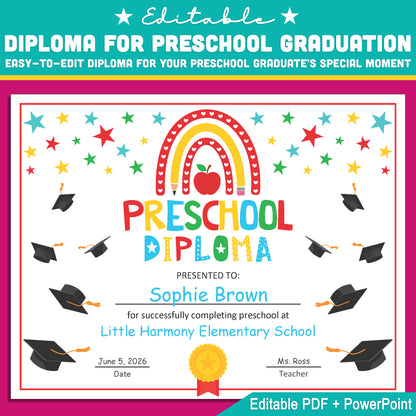 Colorful Moving Up Diploma for Preschool, Editable Graduation Template in PDF and PowerPoint Format, Fun End of Year Award Download