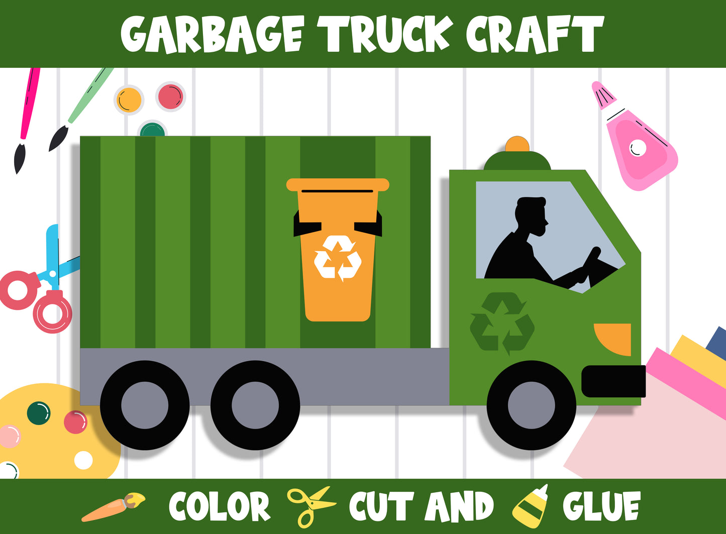 Garbage Truck Craft Activity - Color, Cut, and Glue for PreK to 2nd Grade, PDF File, Instant Download