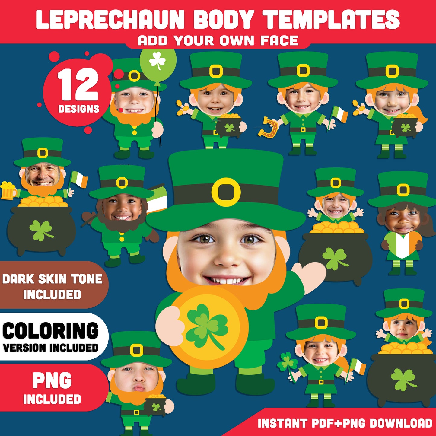 Leprechaun Body Templates for St. Patrick’s Day, Add Your Own Face Craft for Kids, Printable Body Clip Art, Coloring Version Included