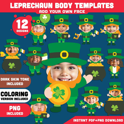 Leprechaun Body Templates for St. Patrick’s Day, Add Your Own Face Craft for Kids, Printable Body Clip Art, Coloring Version Included