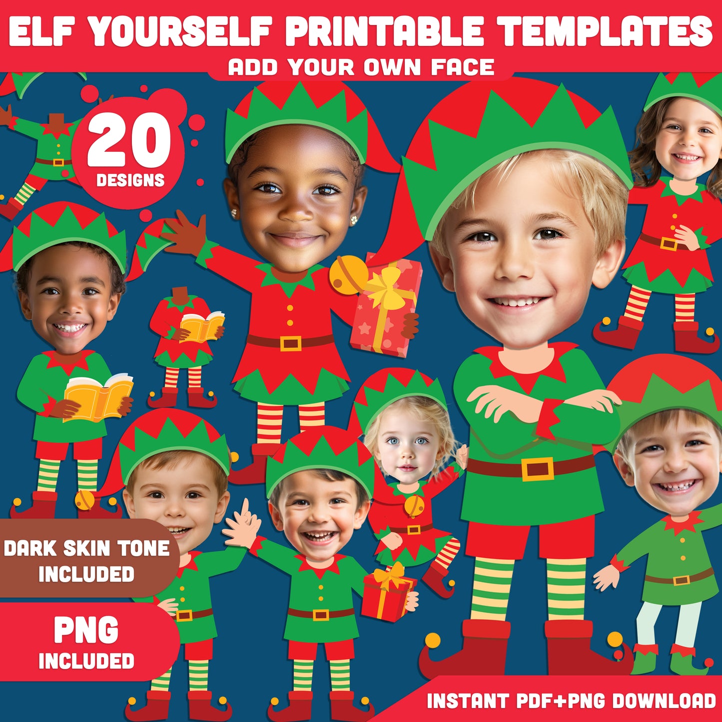 Elf Yourself Printable Templates – Add Your Own Face Christmas Project, 20 Designs Light + Dark Skin Tone, PDF + PNG for School Activities and Home Crafting