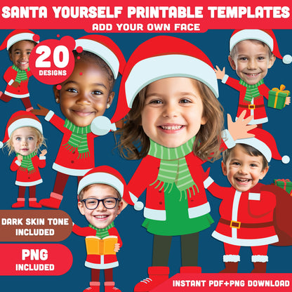 Santa Yourself Printable Templates – Add Your Own Face Christmas Activity, 20 Designs Light + Dark Skin Tone, PDF + PNG for Classroom Crafts and Family Holiday Fun