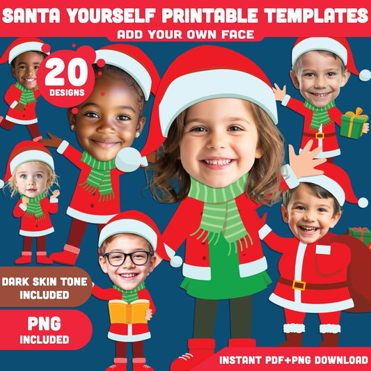 Santa Yourself Printable Templates – Add Your Own Face Christmas Activity, 20 Designs Light + Dark Skin Tone, PDF + PNG for Classroom Crafts and Family Holiday Fun