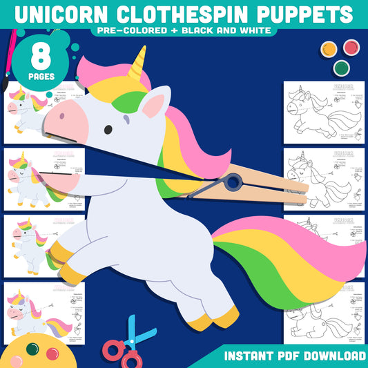 Unicorn Clothespin Puppets, Color Cut and Play Fantasy Activity, Interactive Printable Craft, Instant PDF Download