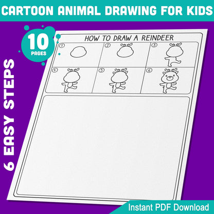 How to Draw Cartoon Animals: 5-Page Step-by-Step Guide Featuring Bunny, Reindeer, Fox, Cat, and Tiger + 5 Fun Coloring Pages for Kids’ Creativity.