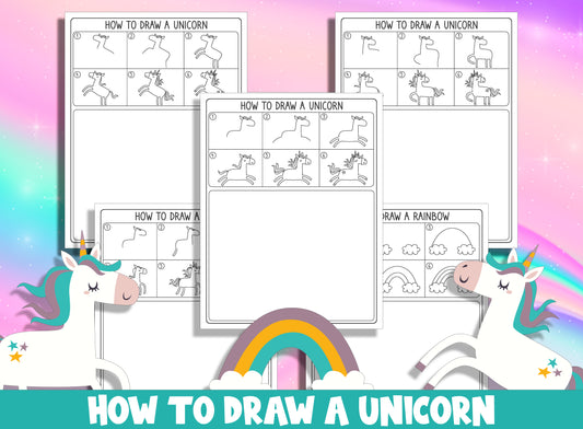 Learn How to Draw a Unicorn, Directed Drawing Step by Step Tutorial, Includes 5 Coloring Pages, PDF File, Instant Download