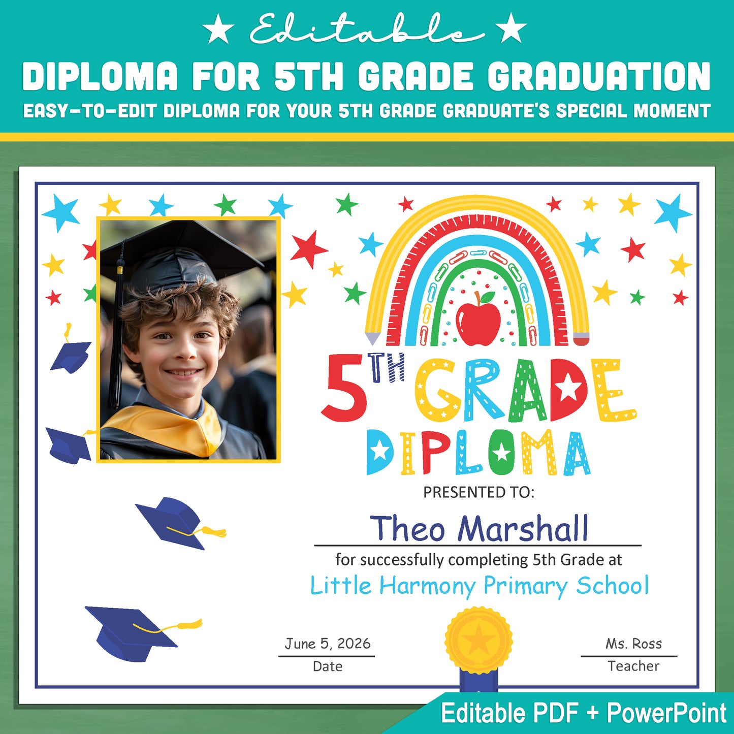 5th Grade Diploma Template with Photo: Letter Size PDF & PowerPoint for Graduation Ceremonies, Special Achievements, and Recognition Awards