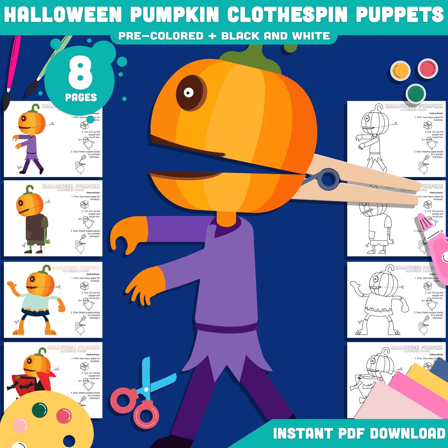 Halloween Pumpkin Clothespin Puppets: 8-Page Kids Printable Craft with 4 Designs, Pre-Colored and Black and White Options, Instant PDF Download