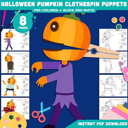 Halloween Pumpkin Clothespin Puppets: 8-Page Kids Printable Craft with 4 Designs, Pre-Colored and Black and White Options, Instant PDF Download