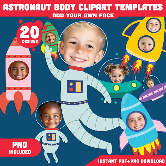 Astronaut Face-Insert Body Templates for Kids, 20 Designs, Light + Dark Skin Tones, Fun Space Adventure Craft, PDF + PNG, Instant Download