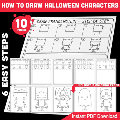6-Step Halloween Drawing Tutorial Guide: Learn How to Draw Halloween Characters with Frankenstein, Dracula, Pumpkin, Ghost, Mask, 5 Coloring Pages