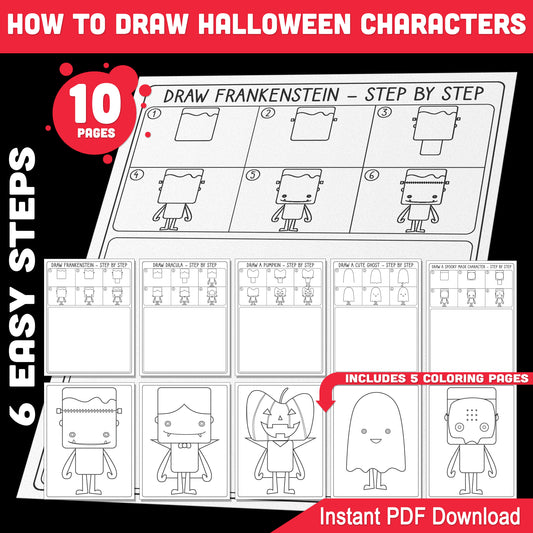 6-Step Halloween Drawing Tutorial Guide: Learn How to Draw Halloween Characters with Frankenstein, Dracula, Pumpkin, Ghost, Mask, 5 Coloring Pages