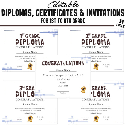 Printable 5th Grade Diplomas, Editable Certificates for 1st-8th Grades & Invitation Templates in a Simple Design, 34 Pages, Instant Download