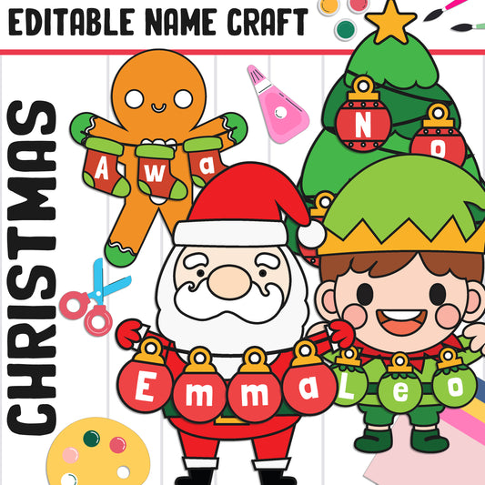 Fun Christmas Name Craft Activity: Christmas, Winter, Back-to-School Bulletin Board, 5 Designs, Blank & Editable, Color and Black-and-White