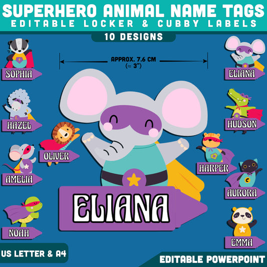 Superhero Animal Locker Labels, Editable Name Tags, Fun Cubby Organization, PowerPoint Template, 10 Designs, Classroom Decor, US Letter, A4