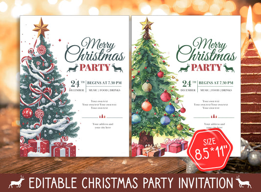Editable Christmas Party Invitation Templates, Choose from 2 Designs & 2 Sizes (8.5"x11" and 5"x7"), PDF, Instant Download