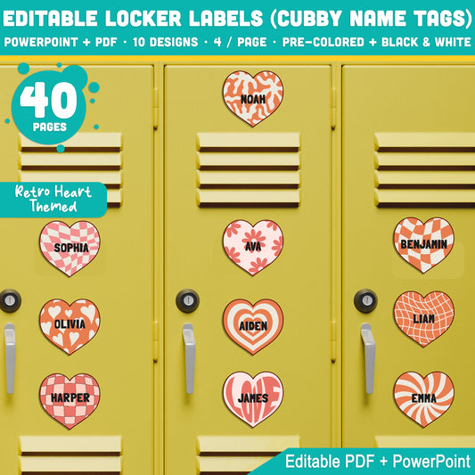 Editable Locker Labels (Cubby Name Tags), Retro Heart-Themed, Fun Back to School Organization, Pre-Colored + Black & White, PDF + PowerPoint